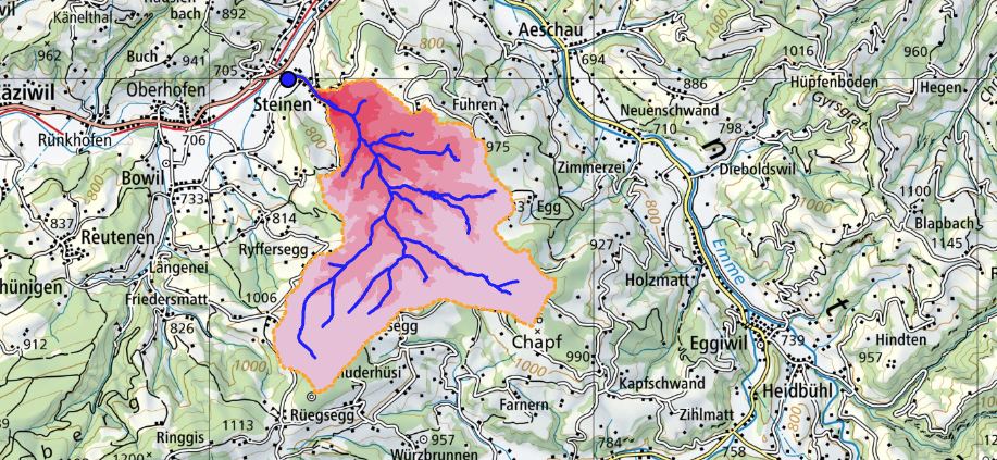 AUGUR Discharge Oberfläche mit Einzugsgebiet und Hydrologie-Karte