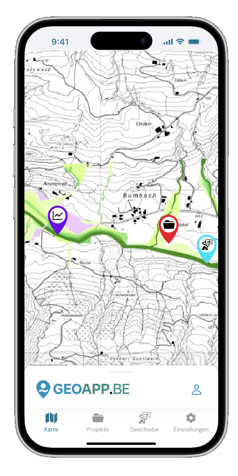 GEOAPP.BE Beispielansicht mit Karte und Daten